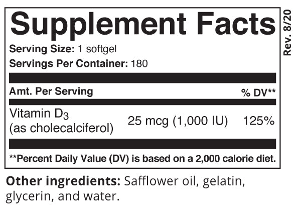 Vitamin D3 1000, 180 softgels